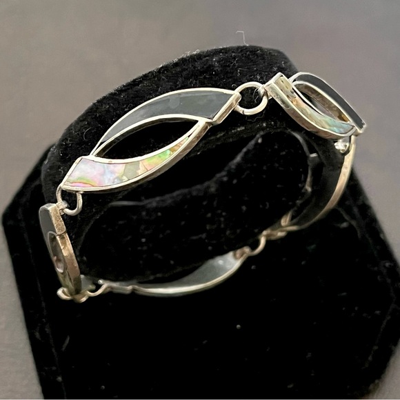 Vintage sterling silver 925 abalone and black onyx bracelet - Picture 4 of 12